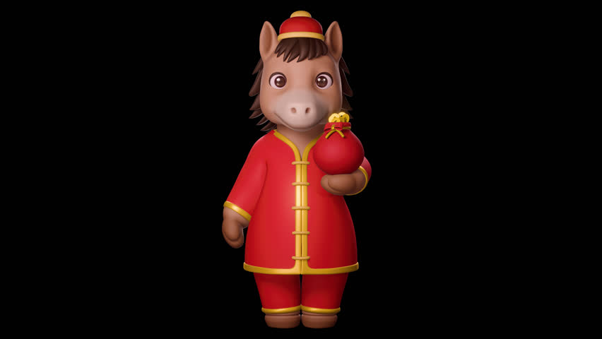 3D Alpha animation of cute chinese Horse character showing red bag with gold coins using right hands. celebrating chinese or lunar new year 2026, 4k seamless or loop transparent video