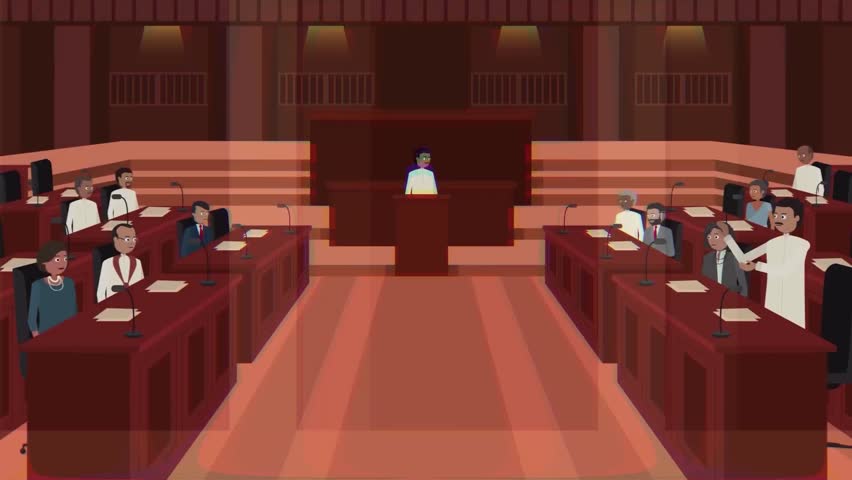 2D animation of empty courtroom interior, judge bench and wooden seats, justice law trial and legal system concept