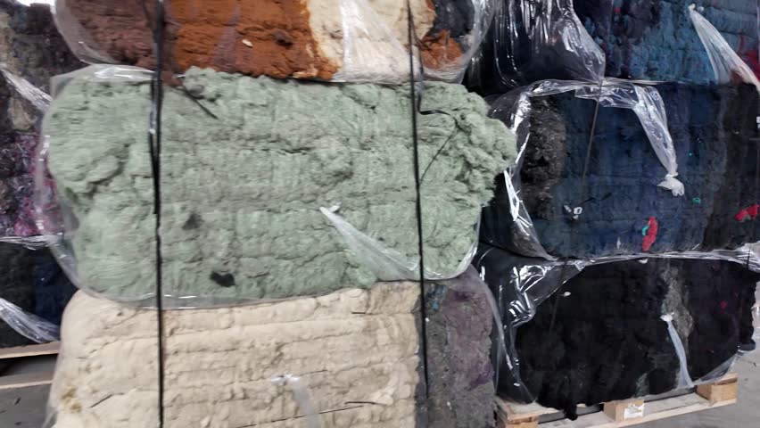 Warehouse with stacked bales of colorful recycled textile fibers. Sustainable raw material for the circular economy and fabric production in a factory.
