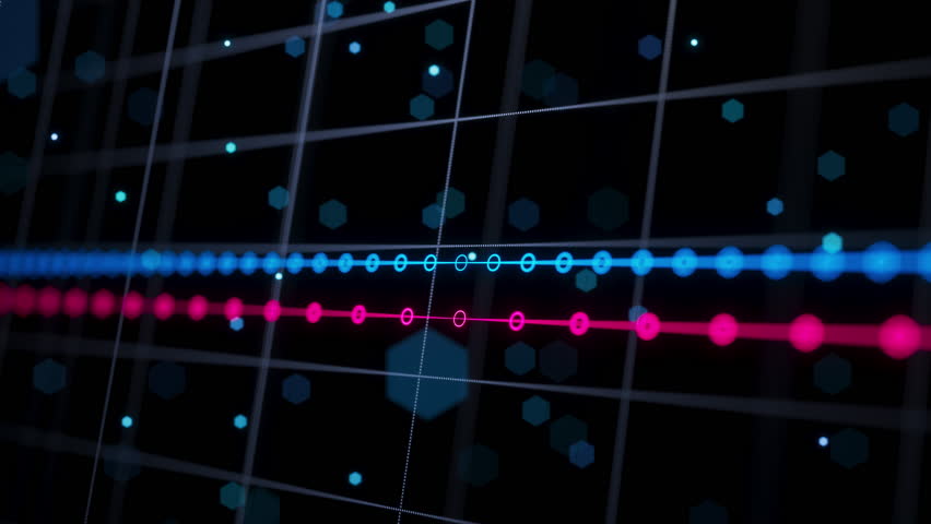 A looped 3D animation of glowing blue and pink financial line charts moving across a dark digital grid, depicting dynamic market fluctuations, stock analytics, and modern data visualization.