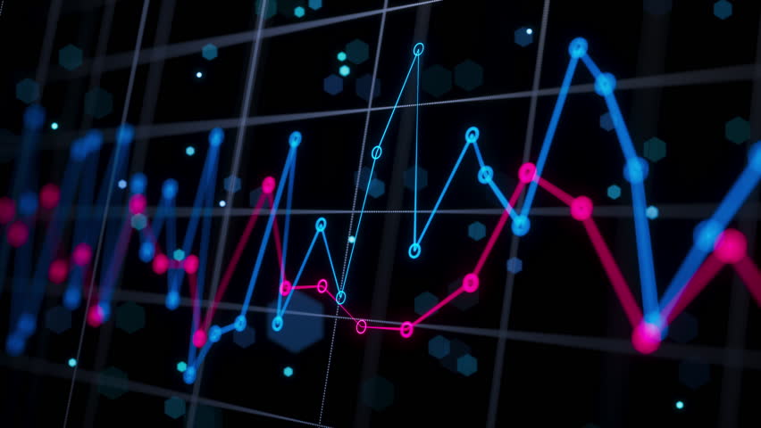A looped 3D animation of glowing blue and pink financial line charts moving across a dark digital grid, depicting dynamic market fluctuations, stock analytics, and modern data visualization.