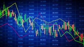 Seamless loop 3D animation of a blue financial candlestick chart with glowing bars, grid numbers, and intersecting trend lines, ideal for trading, stocks, forex, and market analysis. - Powered by Shutterstock - Get 15% off with code: PIKWIZARD15