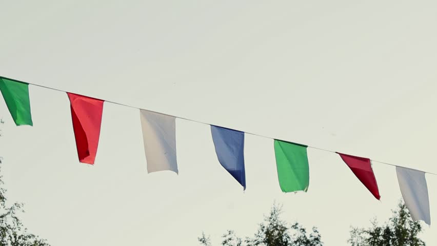 A row of colorful pennant flags flutters gently on a string against a clear sky, with softly blurred green foliage in the background, creating a light and festive outdoor atmosphere.