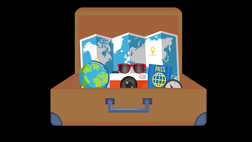 Open Suitcase Animation Full of Travel Accessories and Map for Vacation Concept