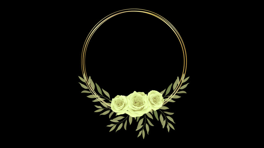 Circular gold wedding ring frame with white roses and foliage animation on black backdrop