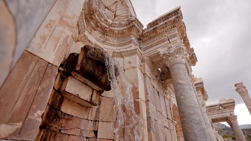Flowing water cascading among stone walls and Roman columns in Sagalassos Ancient City, Burdur, Turkey. Ancient architecture, cultural heritage, archaeology, and historic atmosphere concept.
