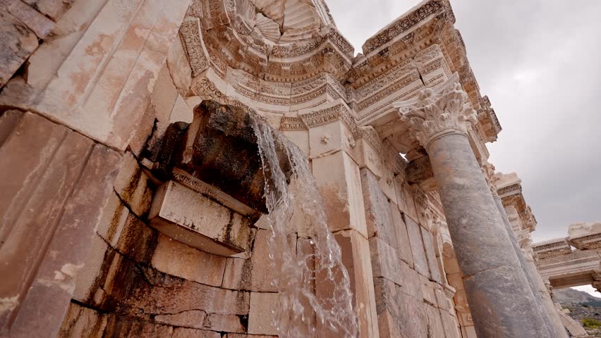 Flowing water cascading among stone walls and Roman columns in Sagalassos Ancient City, Burdur, Turkey. Ancient architecture, cultural heritage, archaeology, and historic atmosphere concept.