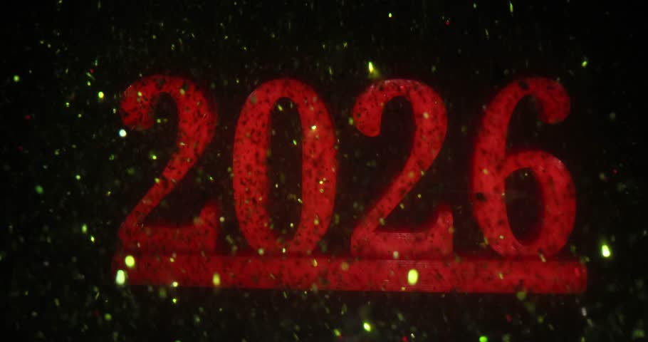 Red 2026 number of becoming New Year floats in golden confetti flow. Invitation to luxury festive party for winter holiday. Festive event