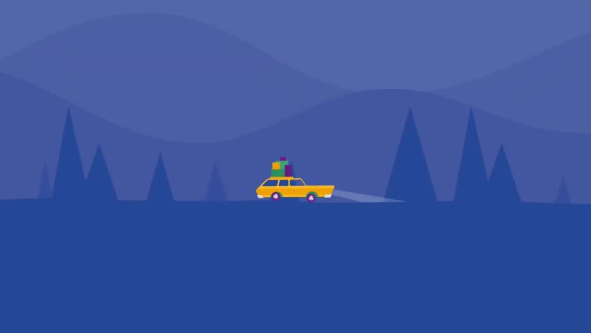 Night Mountain Road Trip Scene with Car Driving Through Forest Landscape