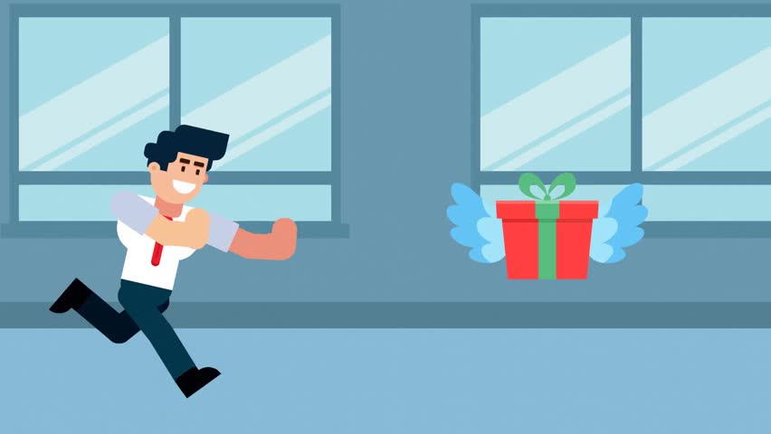A businessman runs after a flying gift box with wings, symbolizing the pursuit of rewards, opportunities, or incentives in a business or office environment. The concept represents ambition, motivation, chasing success, or striving for bonuses and recognition.