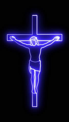 Christ with crucifix, glowing blue neon light path effect on plain black background