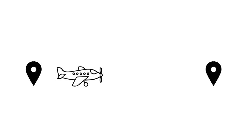 A clean and minimalist 2D animation featuring a line-art airplane flying between two map pointer icons. The aircraft leaves a black dotted trail, symbolizing travel routes, logistics, or navigation. This high-quality motion graphic is perfect for travel agency promos, vacation planning content, or transportation and delivery services.