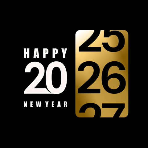 Elegant Happy New Year 2026 golden number scroll transition animation on black background. Numbers 2025-2026-2027 roll up revealing new year. Perfect video overlay for New Year's Eve countdown, celebrations, social media posts, YouTube intros. Screen blend ready. High quality festive animation ideal for holiday greetings, party videos, event presentations, and seasonal marketing content.