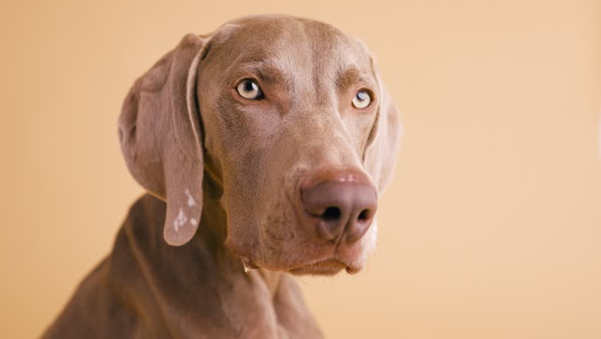 Studio portrait of a beautiful weimaraner dog. The elegant purebred hound with light eyes is looking around with a curious expression