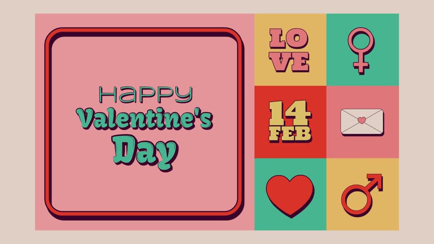 Retro Valentine Icons – Looping 4K animation with playful Valentine symbols, bold typography, and “Happy Valentine’s Day” text arranged in a colorful grid, ideal for greetings, promos, and social media.