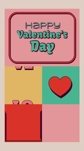 Vertical Retro Valentine Icons – Seamless looping vertical animation featuring “Happy Valentine’s Day” text and playful love icons in pastel blocks, perfect for stories, reels, greetings, and promos.