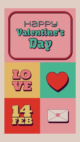 Vertical Retro Valentine Icons – Seamless looping vertical animation featuring “Happy Valentine’s Day” text and playful love icons in pastel blocks, perfect for stories, reels, greetings, and promos.