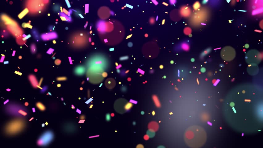 Falling colorful confetti particles and beautiful glowing bokeh. Colorful abstract background for holidays and birthdays 3D, 4K, seamless loop.

