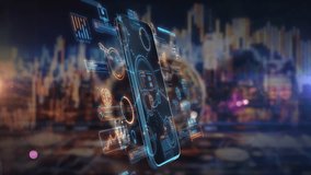 Smartphone displaying data interfaces connecting smart city network - Powered by Shutterstock - Get 15% off with code: PIKWIZARD15