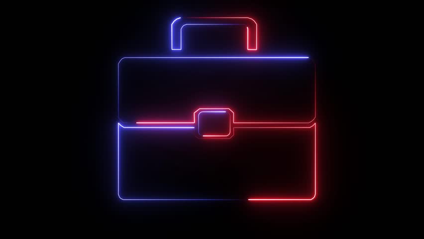 An illustration of a briefcase icon designed in a modern, glowing neon style. The outline of the icon is created using vibrant blue and red neon lights. 