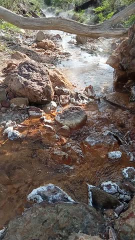 Steam rises from a natural hot spring with green hills and a clear sky in the background.