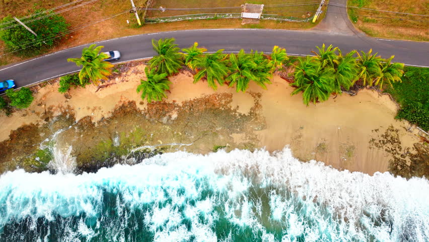 Sandy beach with ocean waves and foam in Puerto Rico. Asphalt road with cars on the coast with palm trees. Aerial view from above.