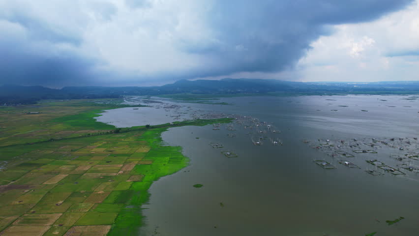 Aerial drone footage of a green wide lush rice field and a giant lake, fishing ponds, with a mountain background and heavy dark stormy clouds
