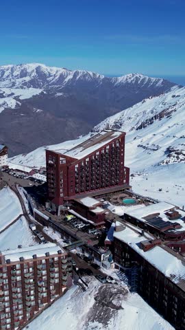 Ski Station Skyline In Santiago Chile. Snowy Mountains. Winter Center Landscape. Travel Background. Ski Station Skyline In Santiago Chile. Nature Scenery. Snowcapped Valley.