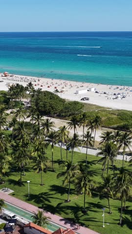 Miami Beach Skyline At Miami Beach In Florida United States. Beach Landscape. Downtown District. Travel Destination. Miami Beach Skyline In Florida United States. Nature Seascape.