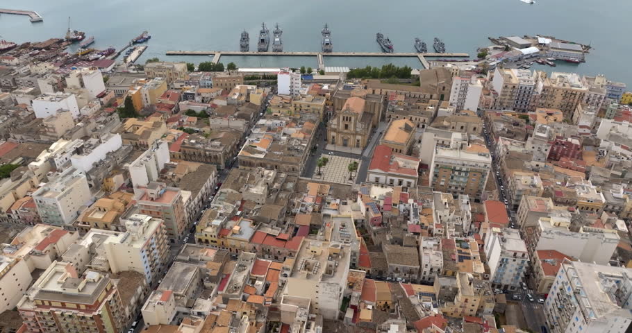 Aerial view of the Church of Santa Maria Assunta in Augusta, in province of Syracuse, Sicily, Italy. It