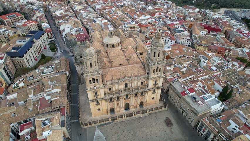 Drone Close-Up of Jaen Cathedral Towers and Detailed Front Facade, Spain