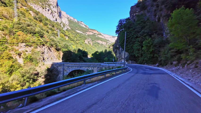 Driving through the Roncal Valley from Sigues to Isaba, Valle de Roncal in Navarre, Navarra Spain, Europe