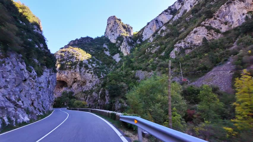 Driving through the Roncal Valley from Sigues to Isaba, Valle de Roncal in Navarre, Navarra Spain, Europe