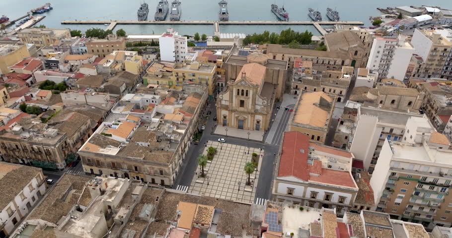 Aerial view of the Church of Santa Maria Assunta in Augusta, in province of Syracuse, Sicily, Italy. It