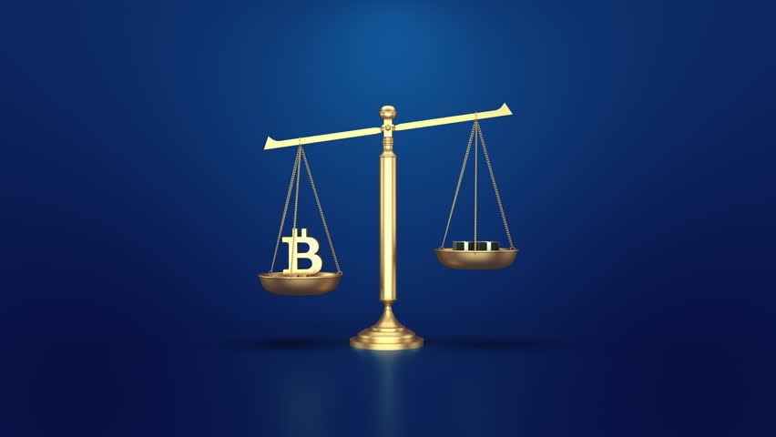 3D render seamless loop featuring a golden balance scale weighing dollars and a bitcoin symbol on a blue background.