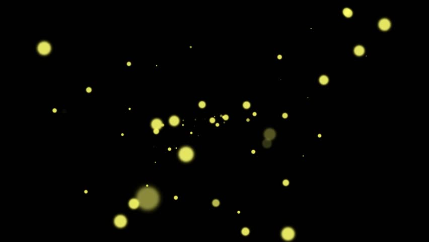Golden glowing light particles animation floating randomly forward from center on black background. 4K animated gold bokeh light for luxury promo, elegant overlay, cinematic intro, and motion graphics.