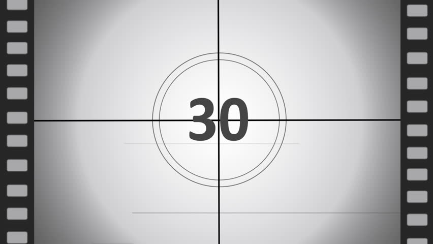 old film animation countdown thirty seconds, from 30 to 0 seconds with rolling film elements
