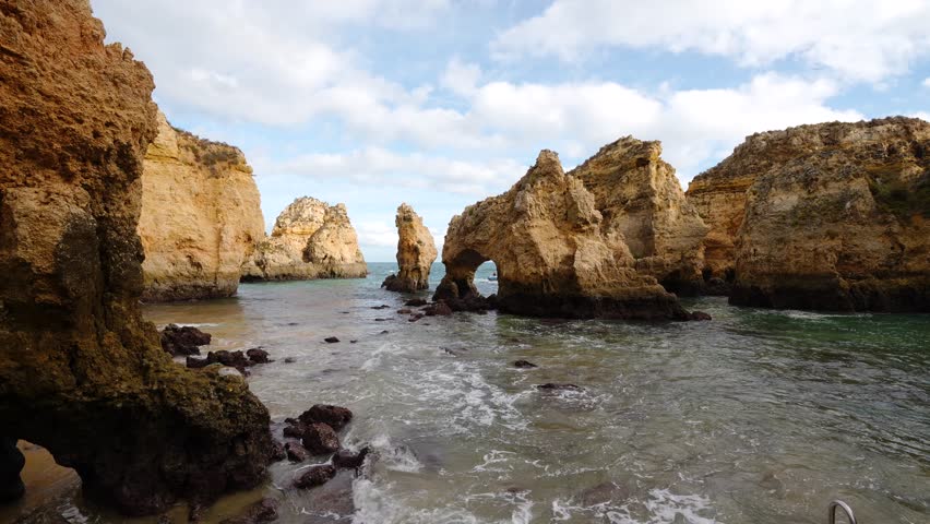 Ponta da Piedade Arches, Rock Formations, Cliffs and Atlantic Ocean on Sunny Day. Algarve, Portugal