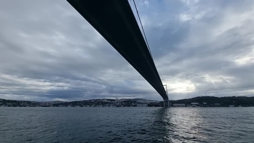 A wide, cinematic view from the water beneath the Bosphorus Bridge in Istanbul, showing the suspension bridge stretching across the strait with rippling sea below, a dramatic cloudy sky, and the city shoreline in the distance