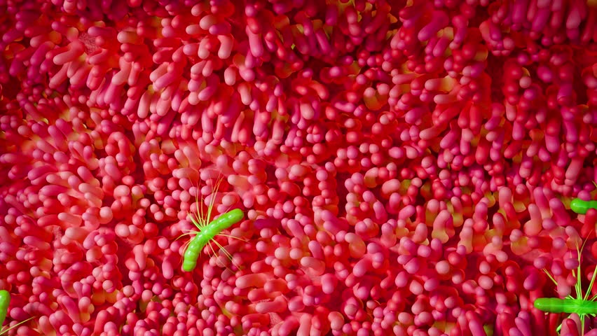 Helicobacter pylori bacteria inside human stomach causing gastritis ulcers and digestive inflammation medical microbiology concept with red organic environment 3D Rendering
