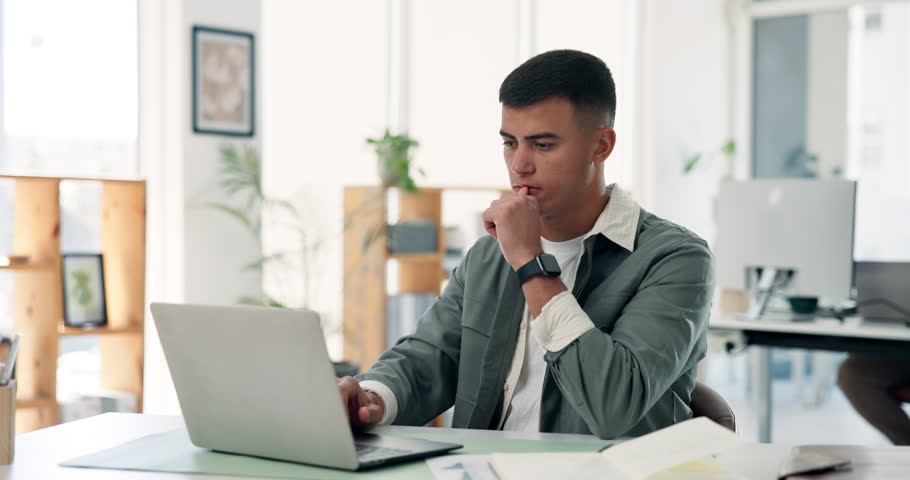 Thinking, laptop and business man in company for social media idea, post and coworking. Computer, smile and decision with marketer in office for campaign, planning sponsorship and typing email