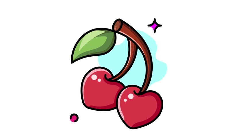 A playful cartoon illustration of two bright red cherries with a green leaf and subtle sparkles, set against a clean white background with light blue accents.