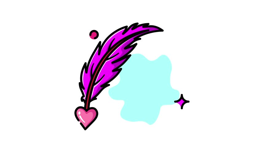 A whimsical illustration featuring a bright pink feather with a heart-shaped base, surrounded by subtle blue accents and sparkling elements, set against a clean white background.