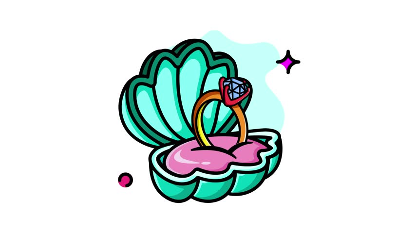 A beautifully illustrated diamond ring rests inside an open seashell, symbolizing love, commitment, and the preciousness of relationships.