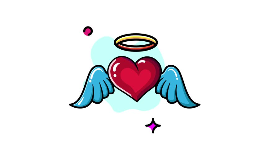An adorable cartoon illustration of a vibrant red heart with delicate blue wings and a golden halo, symbolizing angelic love and affection.