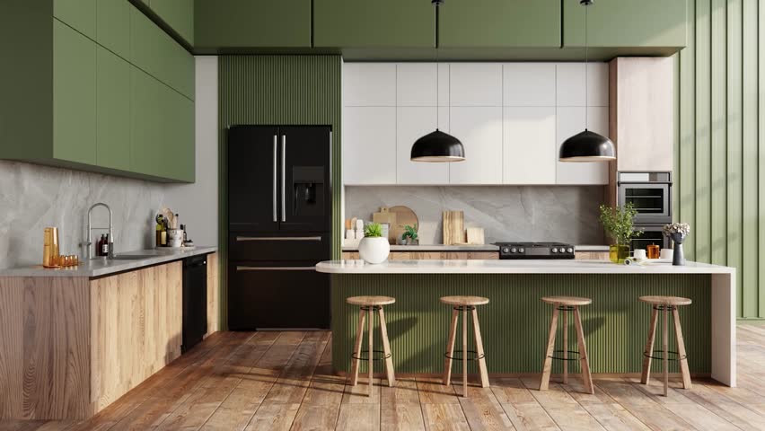 Luxury contemporary kitchen room featuring island counter with bar stools and minimalist wooden furniture- 3D rendering