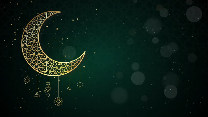 Ramadan kareem animation features a golden crescent moon adorned with hanging star decorations, suitable for festive greeting cards.