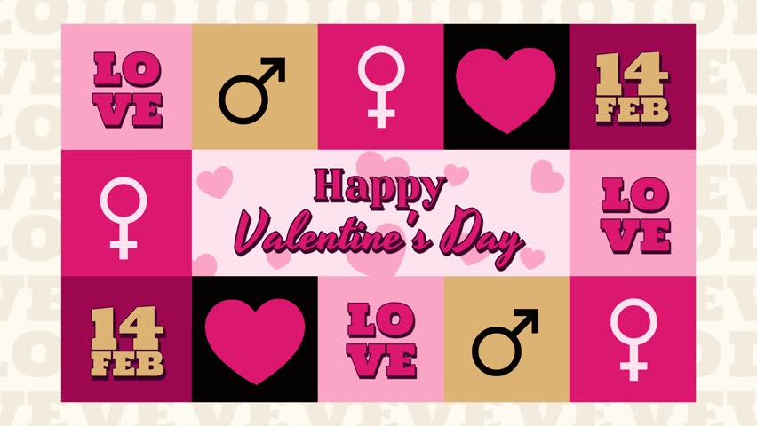 Retro Valentine Pattern – Looping 4K animation featuring a colorful grid of hearts, love text, gender symbols, and “Happy Valentine’s Day” message, ideal for greetings, promos, and social content.