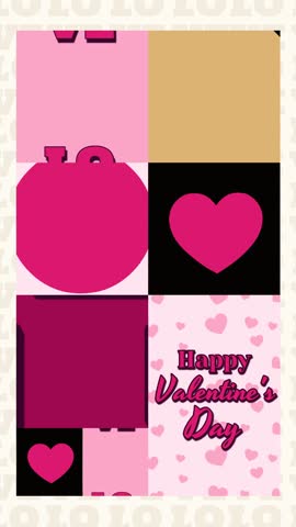 Vertical Modern Valentine Pattern – Seamless looping vertical animation with a clean, colorful grid of hearts, love text, gender symbols, and “Happy Valentine’s Day,” ideal for stories, reels, greetings, and promos.