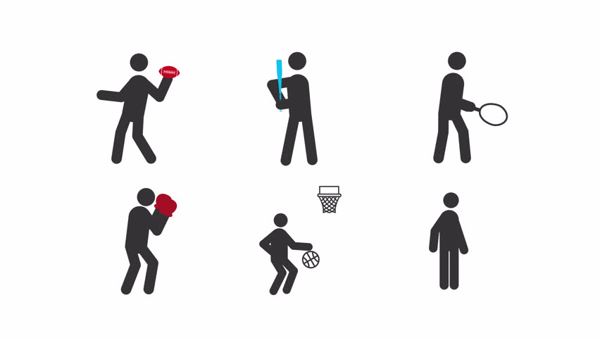 Competitive sports stick figures glyphs animation set. Professional athletes, outdoor activities. Personal hobby. Championship games. Animated stickman icon pack. Black solid pictograms motion
